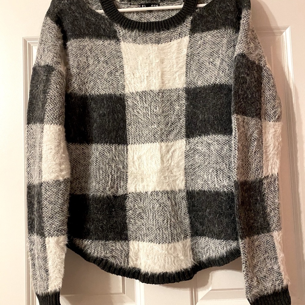 Black grey white plaid a soft fuzzy very comfy cold shoulder sweater